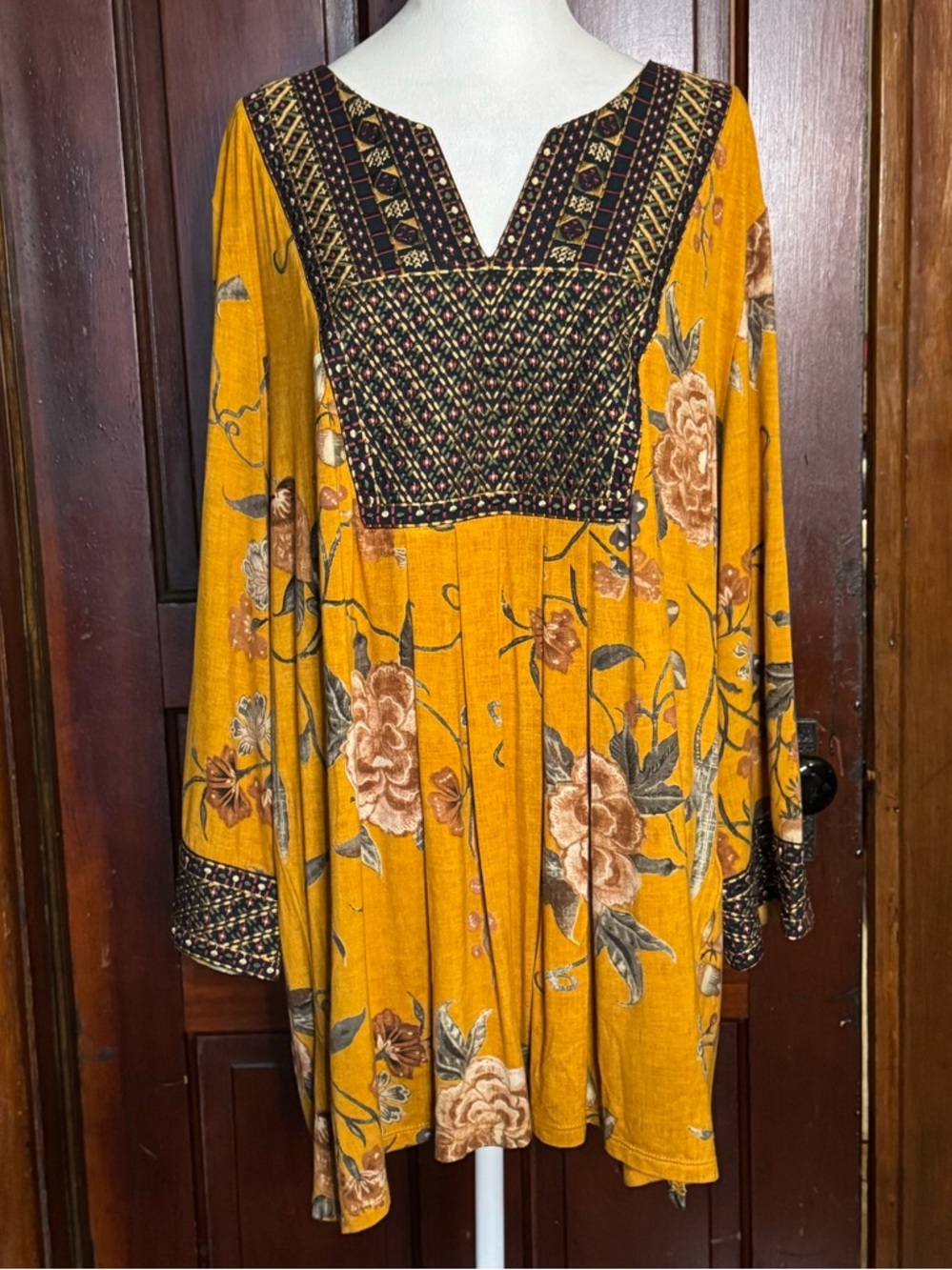 Soft Surroundings Etana Tunic Top Mustard Yellow with Embroidery Size 3X